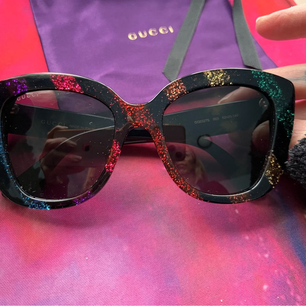 Gucci Women's Black Rainbow Glitter Sunglasses with Purple Velvet Case